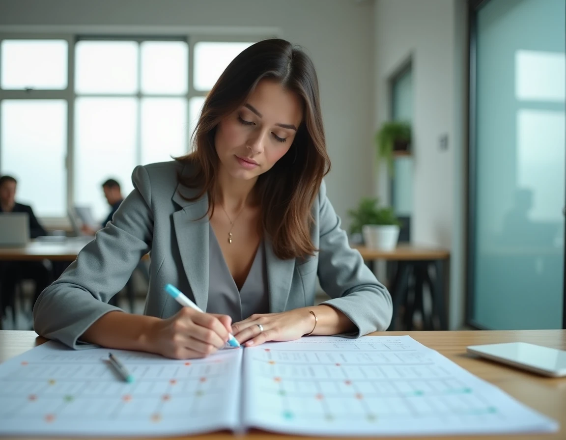 Femme en blazer gris annotant un calendrier mural dans un bureau moderne, illustrant la planification des jours ouvrés 2026