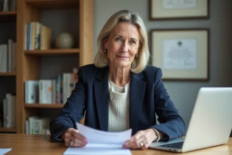 Femme d'âge moyen en blazer bleu dans un bureau lumineux