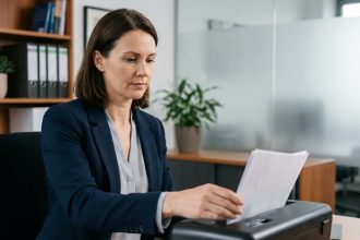 Femme professionnelle en blazer marine utilisant un destructeur de documents dans un bureau organisé