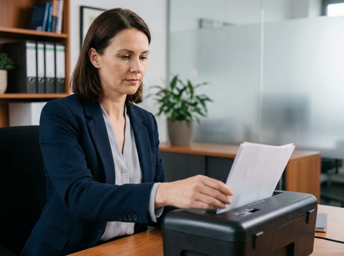 Femme professionnelle en blazer marine utilisant un destructeur de documents dans un bureau organisé
