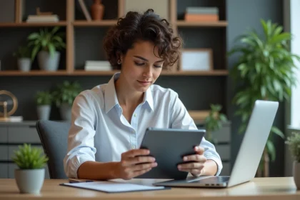 Femme en bureau moderne utilisant une tablette num&eacute;rique