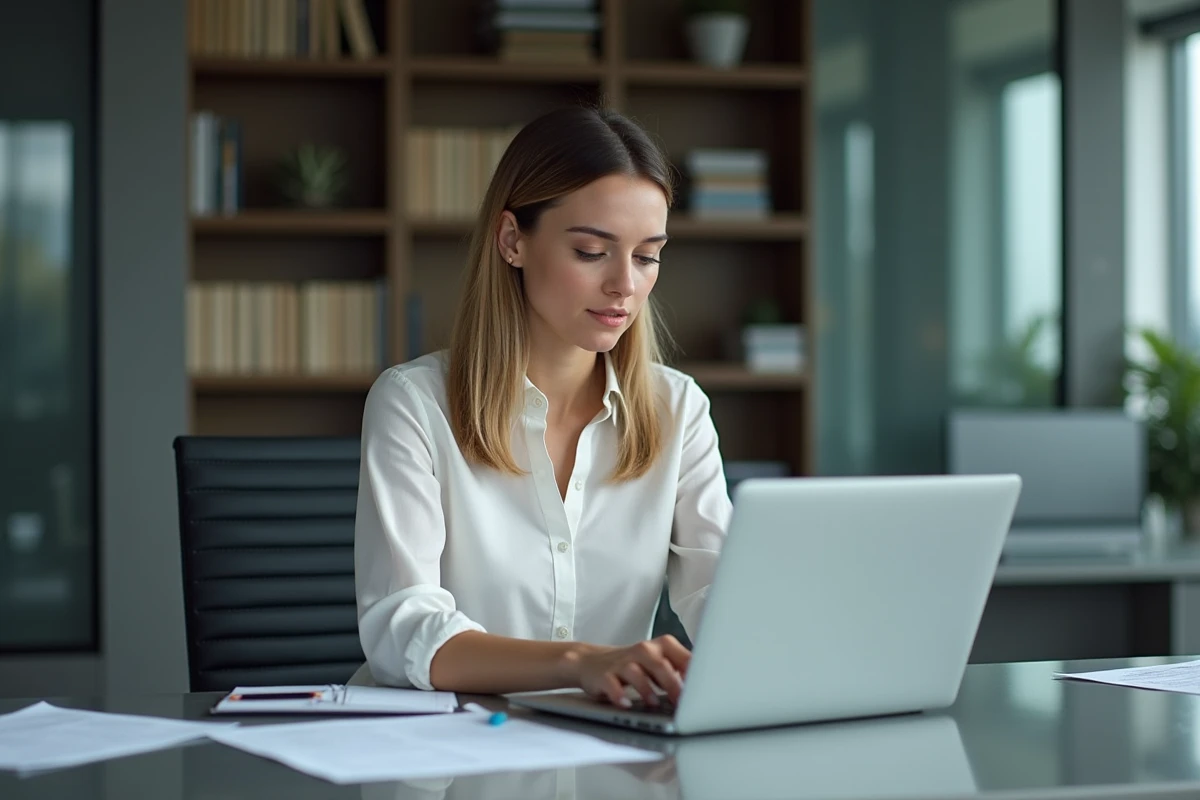 Femme en bureau moderne utilisant un logiciel de gestion