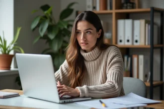 Jeune femme au bureau à domicile en train de remplir des formulaires