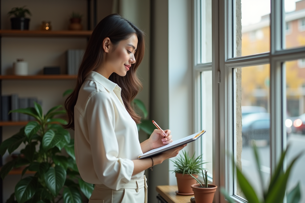 Jeune femme prenant des notes dans un bureau