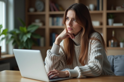 Jeune femme au bureau regardant son ordinateur portable