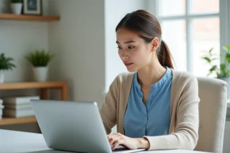 Jeune femme au bureau avec ordinateur portable