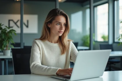 Jeune femme au bureau utilisant un ordinateur portable