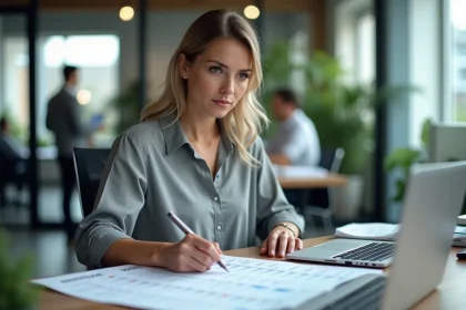 Femme en bureau moderne consultant un planning annuel de jours travaillés sur papier et ordinateur portable