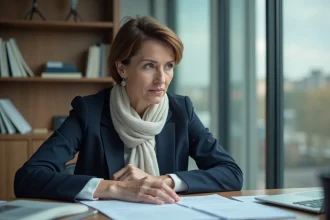 Femme française au bureau en portrait concentrée