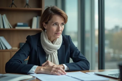 Femme fran&ccedil;aise au bureau en portrait concentr&eacute;e