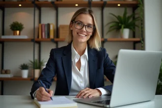 Femme en bureau moderne avec ordinateur et plantes