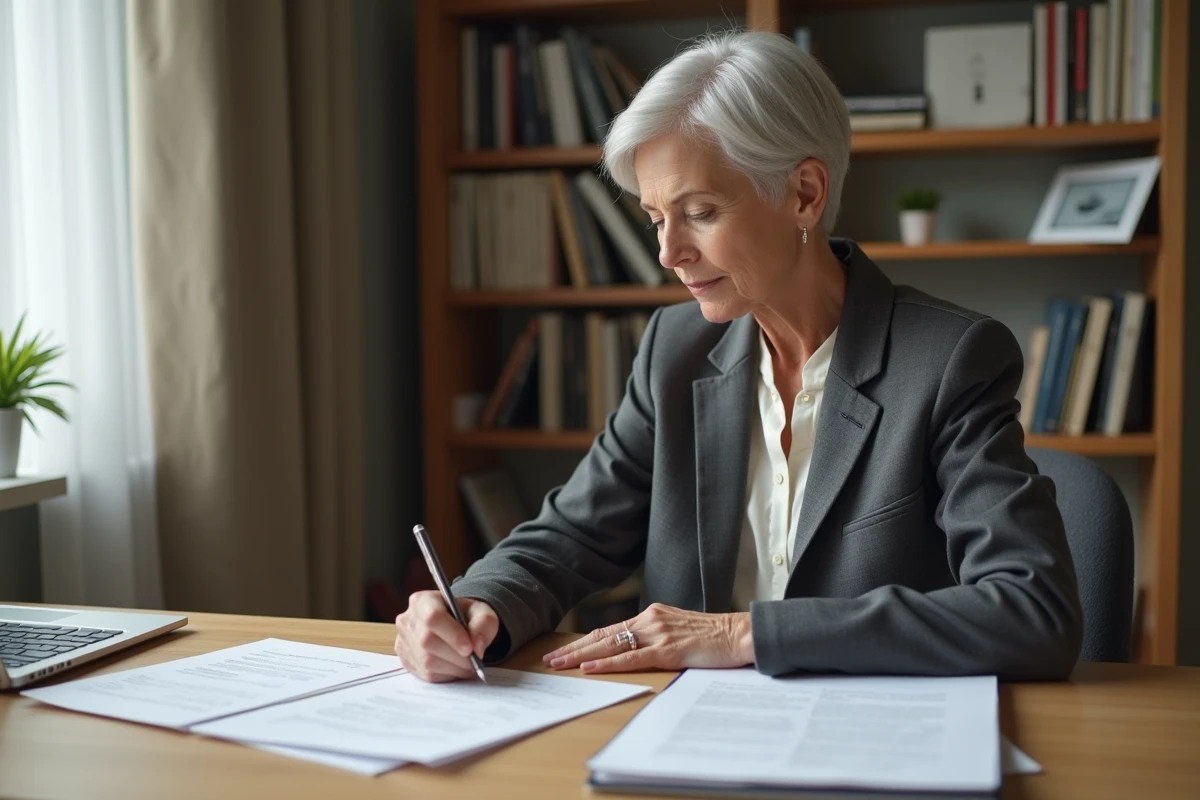 Femme cadre en reconversion professionnelle planifiant sa transition depuis un bureau à domicile épuré