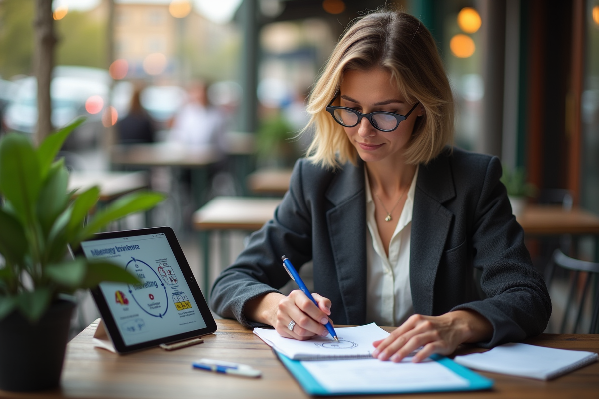Femme esquissant stratégie marketing au café avec notes