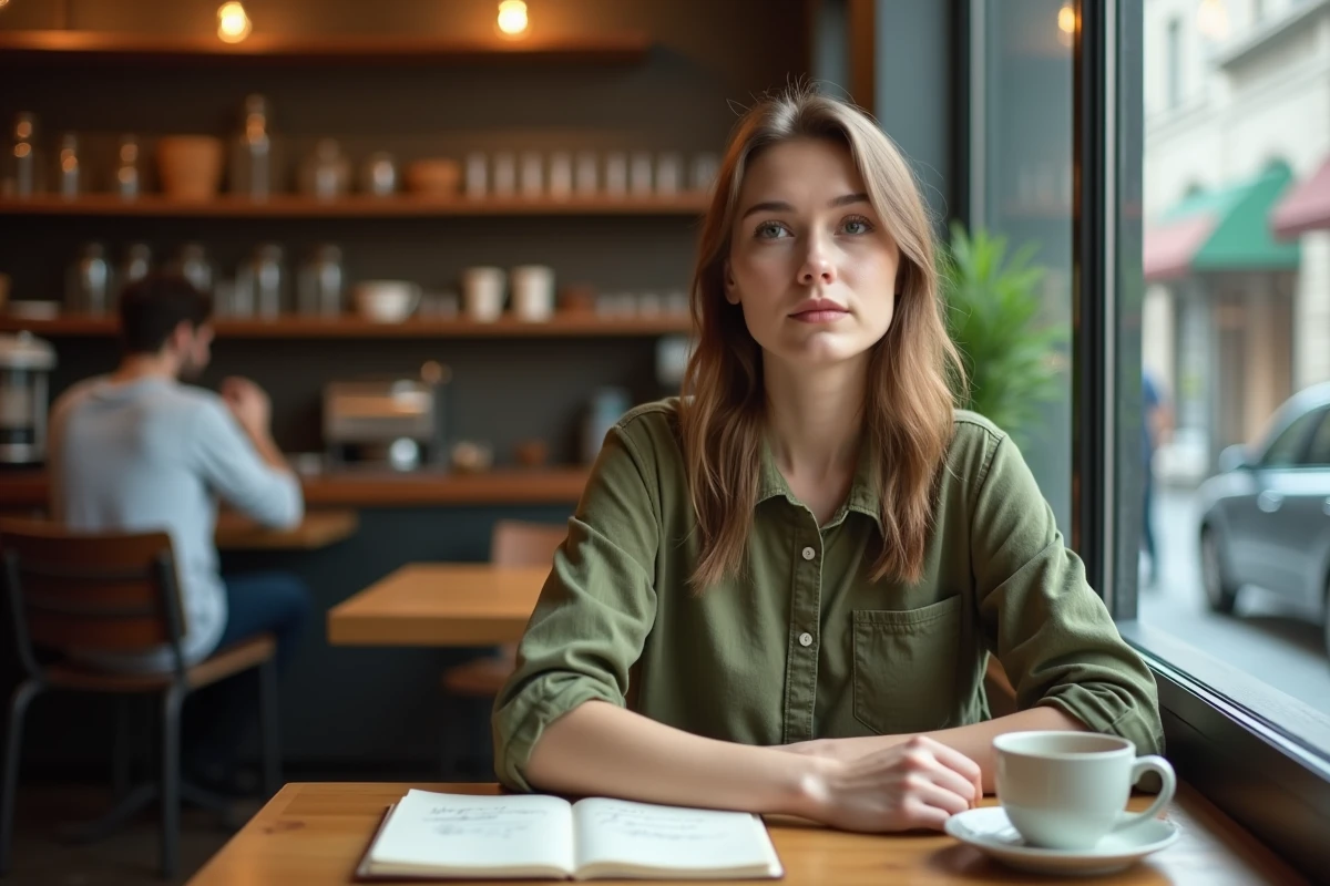 Jeune femme prenant des notes dans un café réfléchissant à une stratégie pour débuter et gagner de l'argent en ligne
