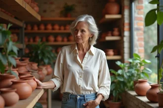 Femme examinant des pots en terre cuite dans une boutique de céramique