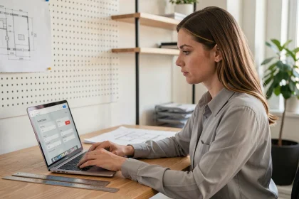 Femme utilisant un site de conversion de longueur sur ordinateur portable dans un bureau minimaliste