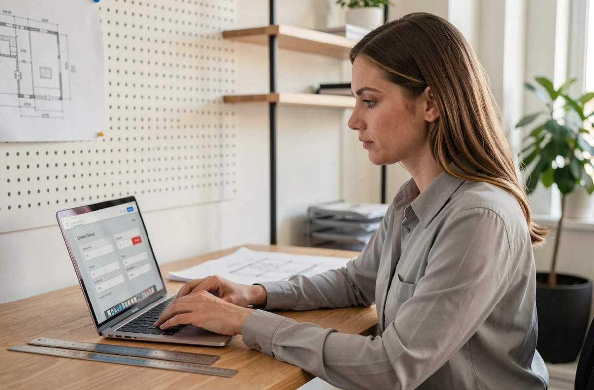 Femme utilisant un site de conversion de longueur sur ordinateur portable dans un bureau minimaliste