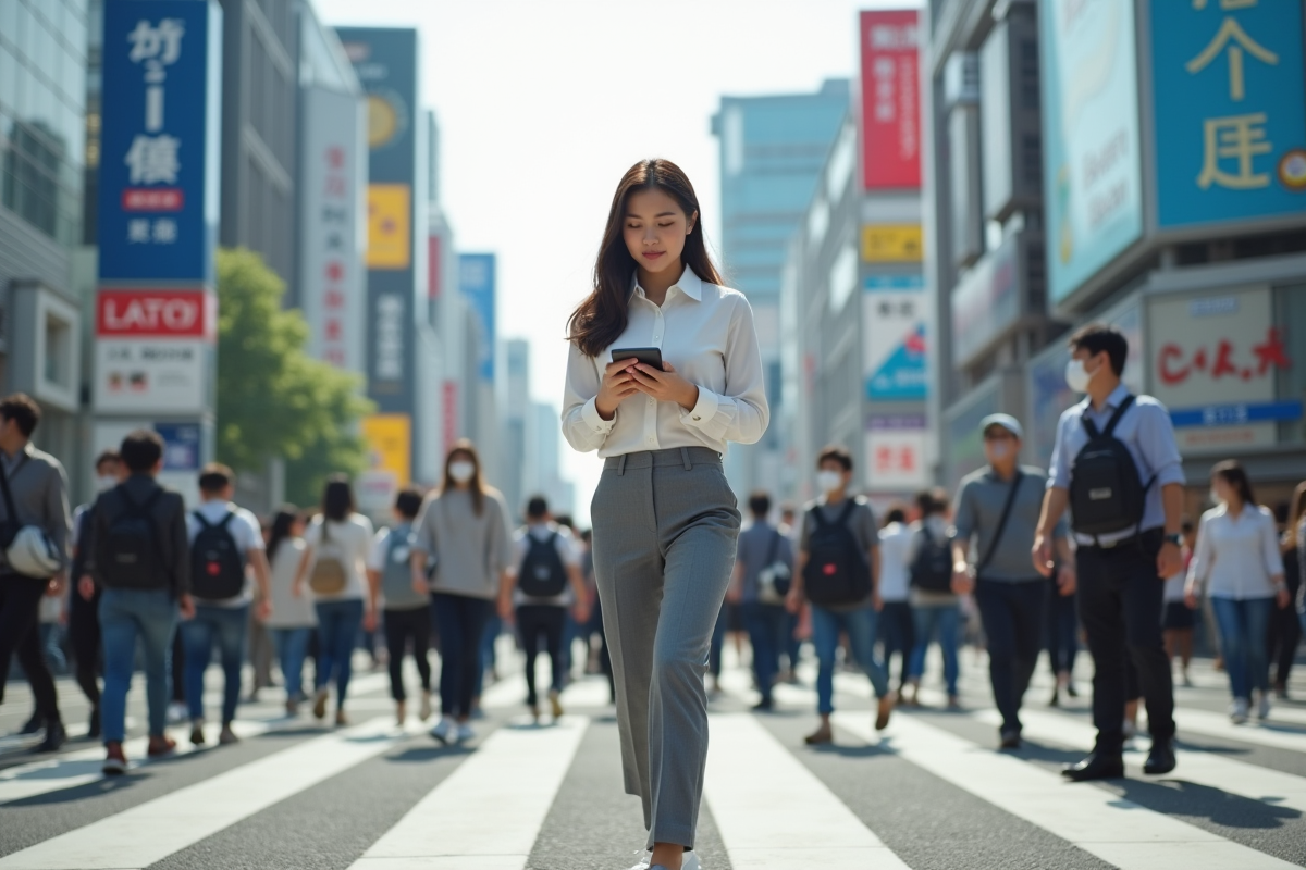 Jeune femme japonaise traversant Shibuya en marchant vite