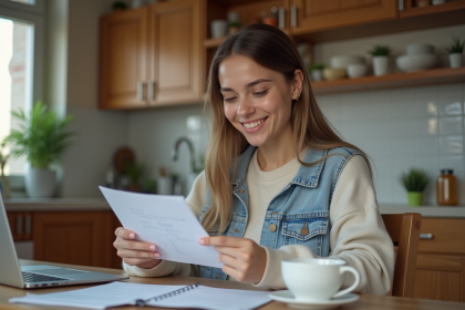 Jeune femme concentr&eacute;e &agrave; la cuisine avec notes et ordinateur
