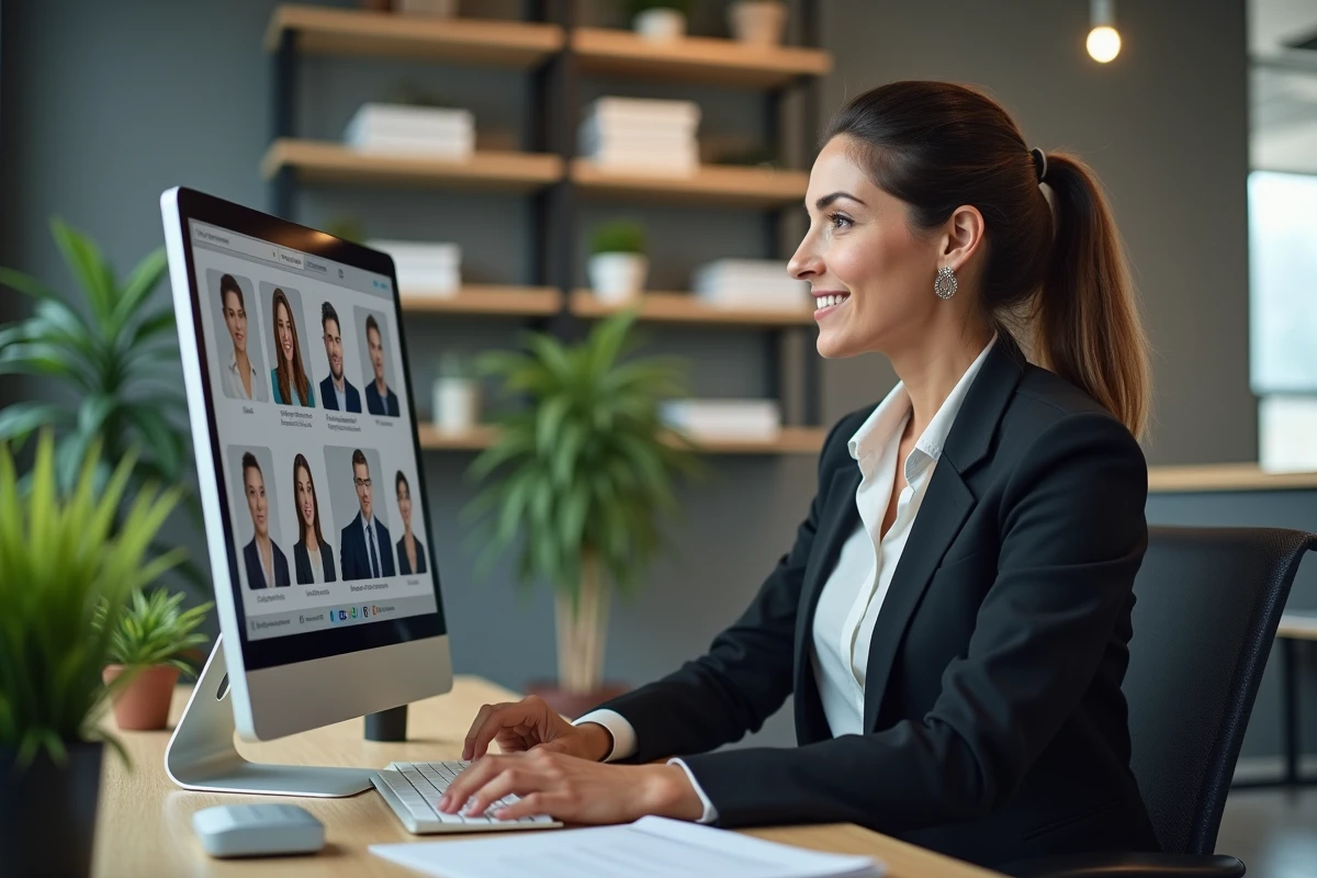 Femme RH confiante travaillant sur son ordinateur dans un bureau moderne