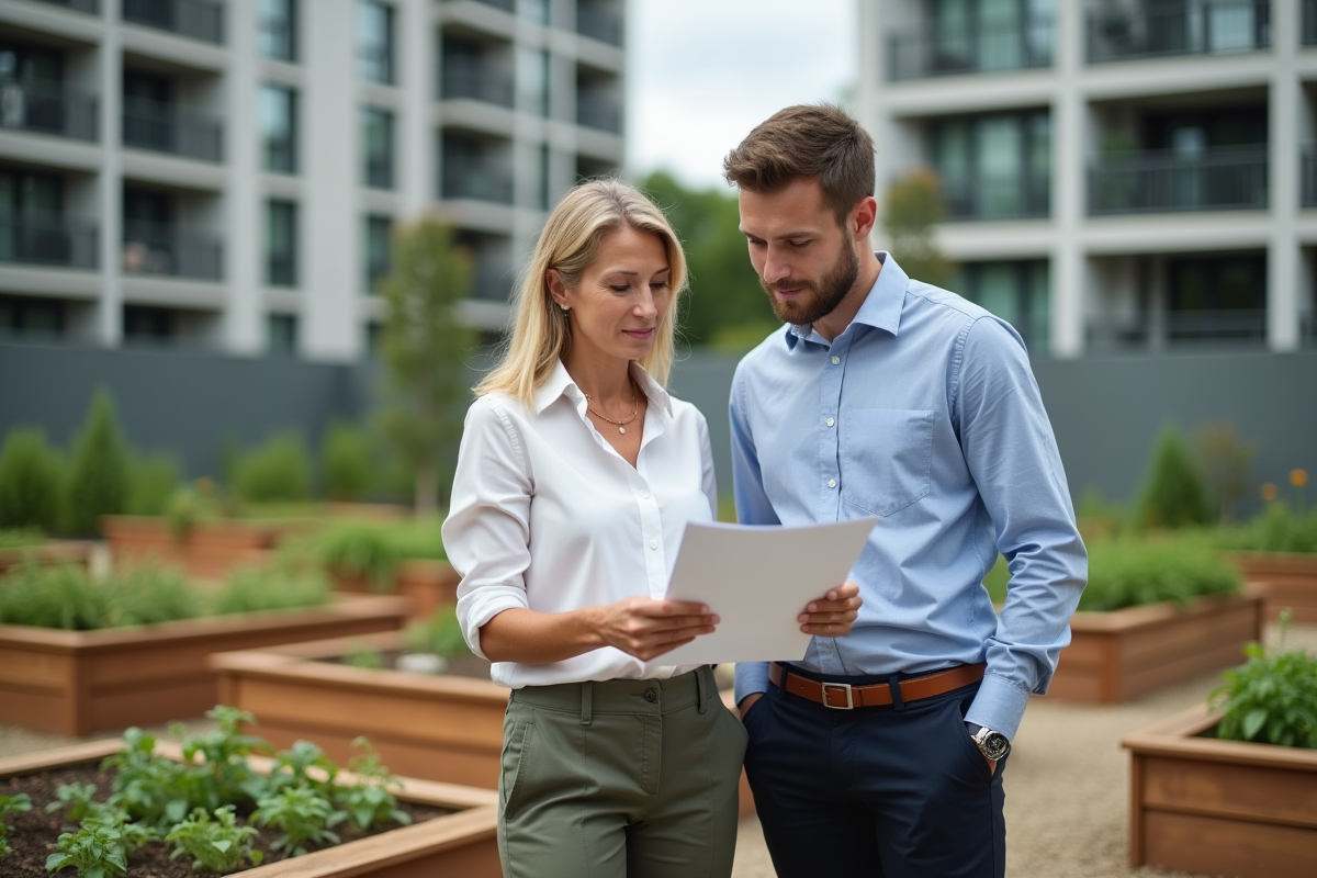 Femme dans un jardin urbain avec un collègue regardant un document