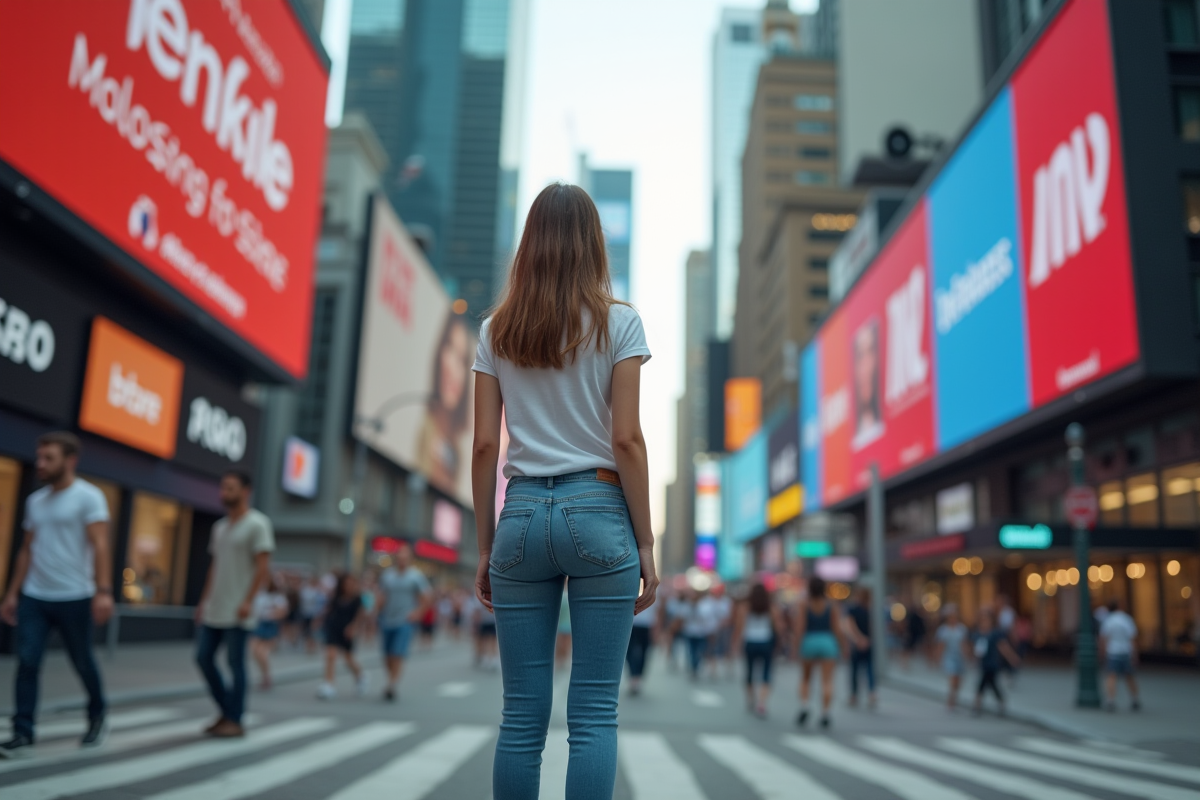 Jeune femme croisant dans la ville avec logos en arrière-plan