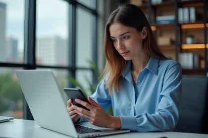 Jeune femme professionnelle en bureau moderne avec ordinateur et smartphone