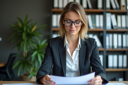 Femme en costume examinant un dossier DUERP dans un bureau moderne