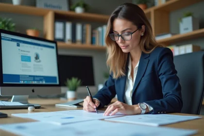 Femme professionnelle consultant un extrait Kbis et documents Urssaf sur un bureau d'entreprise