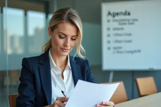 Femme professionnelle en réunion révisant un ordre du jour de calendrier dans une salle de conférence moderne