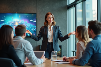 Jeune femme en blazer présentant un concept en réunion