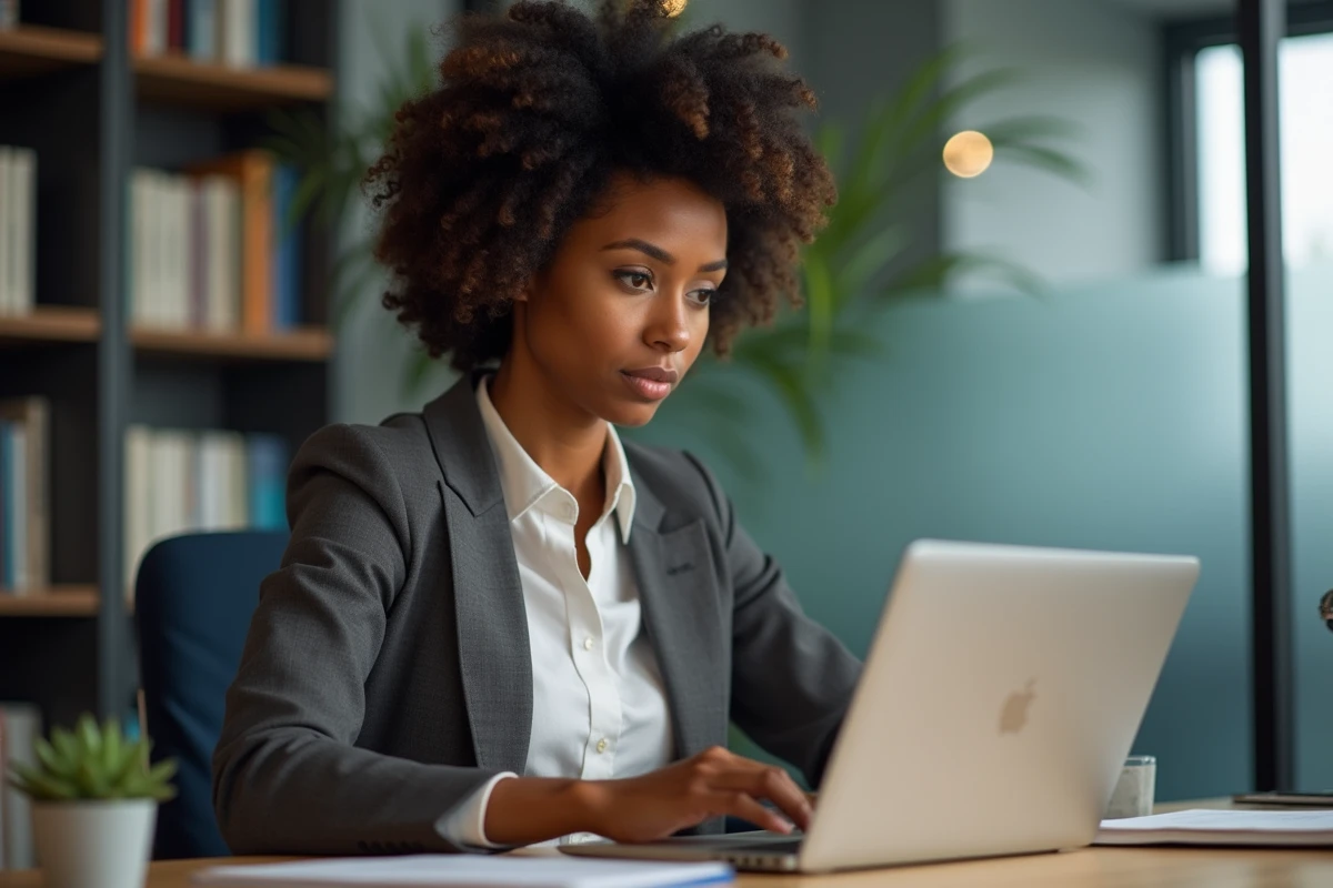 Femme professionnelle examinant son rapport de test PI sur un ordinateur portable dans un bureau calme