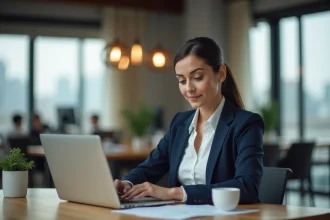 Femme professionnelle consultant un abonnement business sur son ordinateur portable dans un bureau moderne