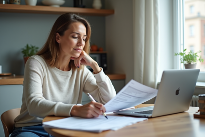 Femme québécoise en tenue décontractée examine des documents fiscaux à la maison