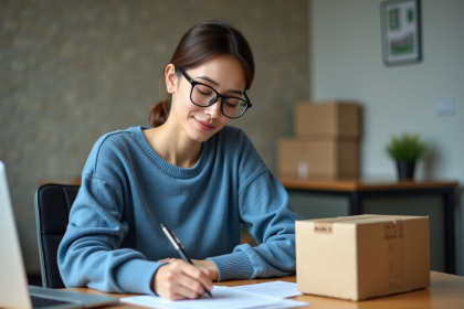 Femme en train de remplir un formulaire de douane à domicile