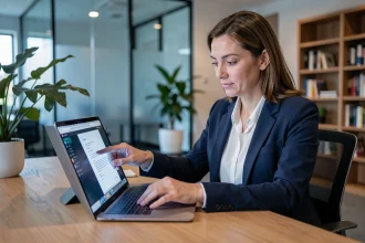 Femme professionnelle signant un contrat électronique sur ordinateur portable dans un bureau moderne