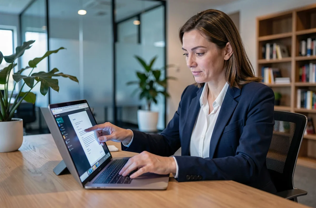Femme professionnelle signant un contrat électronique sur ordinateur portable dans un bureau moderne