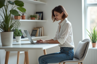 Jeune femme analysant des données web dans son bureau moderne