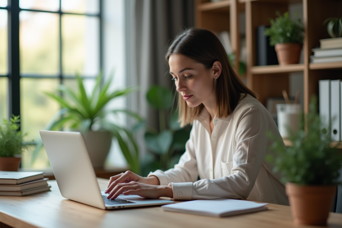 Jeune femme professionnelle travaillant dans son appartement lumineux