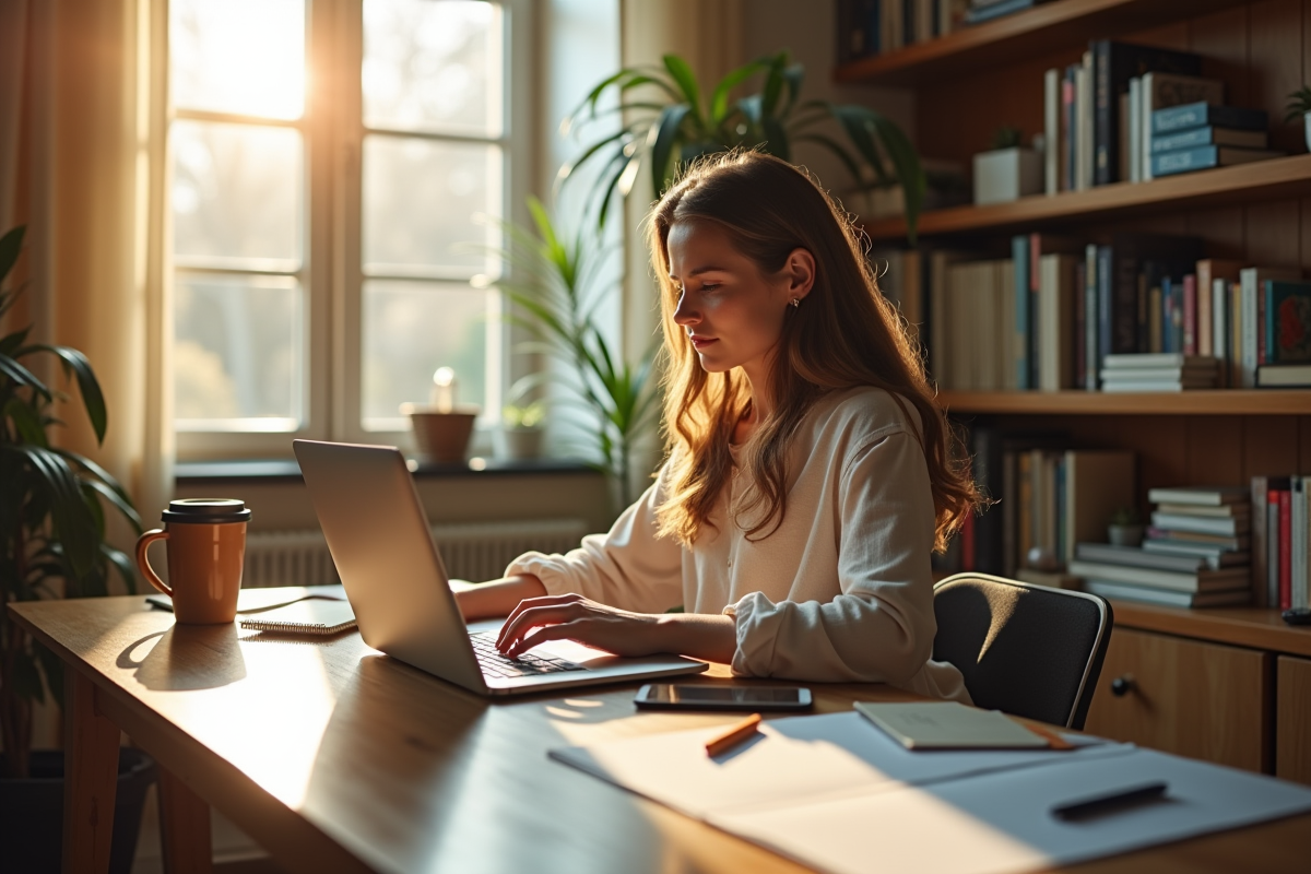 Jeune femme travaillant sur un ordinateur dans un bureau cosy