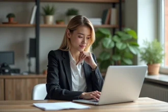 Jeune femme professionnelle travaillant sur son ordinateur dans un bureau moderne