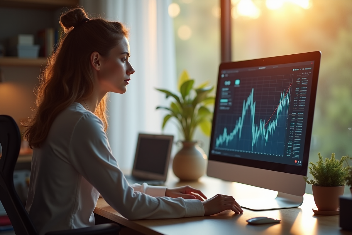 Jeune femme travaillant sur un moniteur digital dans un bureau lumineux