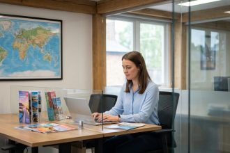 Jeune femme travaillant dans une agence de voyage moderne