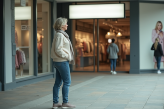 Femme d'âge moyen devant un magasin vide nostalgique