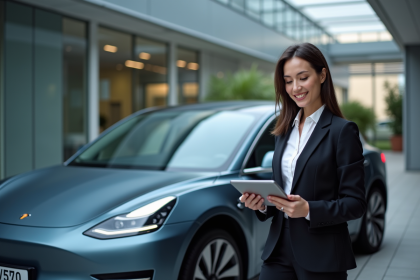 Femme confiante à côté d'une voiture électrique moderne