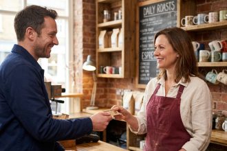 Propriétaire d'un café indépendant remettant une carte de fidélité à un client satisfait dans une ambiance chaleureuse
