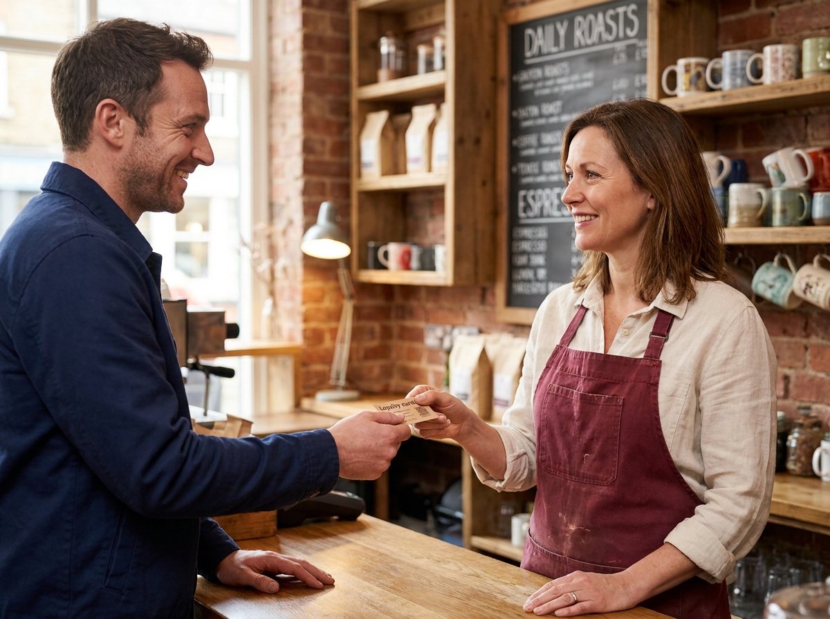 Propriétaire d'un café indépendant remettant une carte de fidélité à un client satisfait dans une ambiance chaleureuse