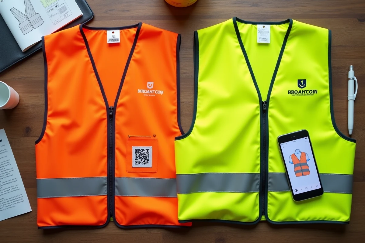 Flat-lay de gilets de sécurité personnalisés avec logos PME et maquette numérique sur bureau en bois