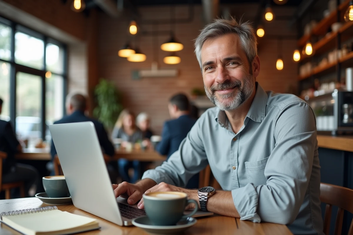 Fondateur de startup SaaS gérant une session de chat client en direct depuis un café en télétravail