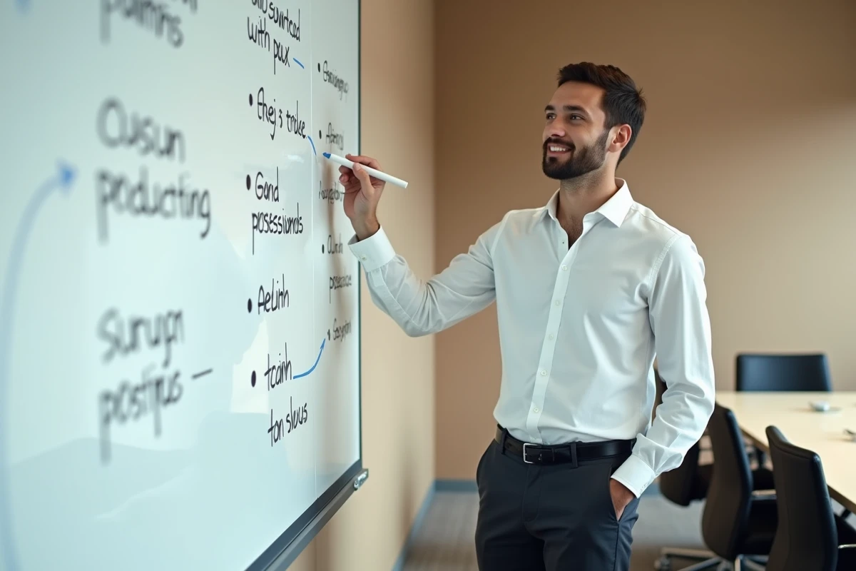 Formateur en entreprise expliquant des formules de rédaction professionnelle sur un tableau blanc dans une salle de réunion